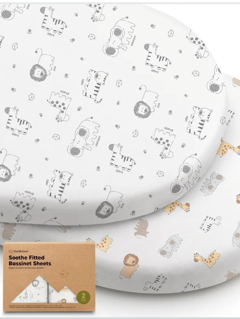 Keababies Organic Baby Bassinet Sheets - Neutral White Animal Print 33x17